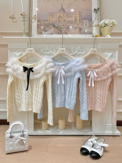 [Girly] Fox Fur Collar 10% Wool Knit Cardigan (QH-083)