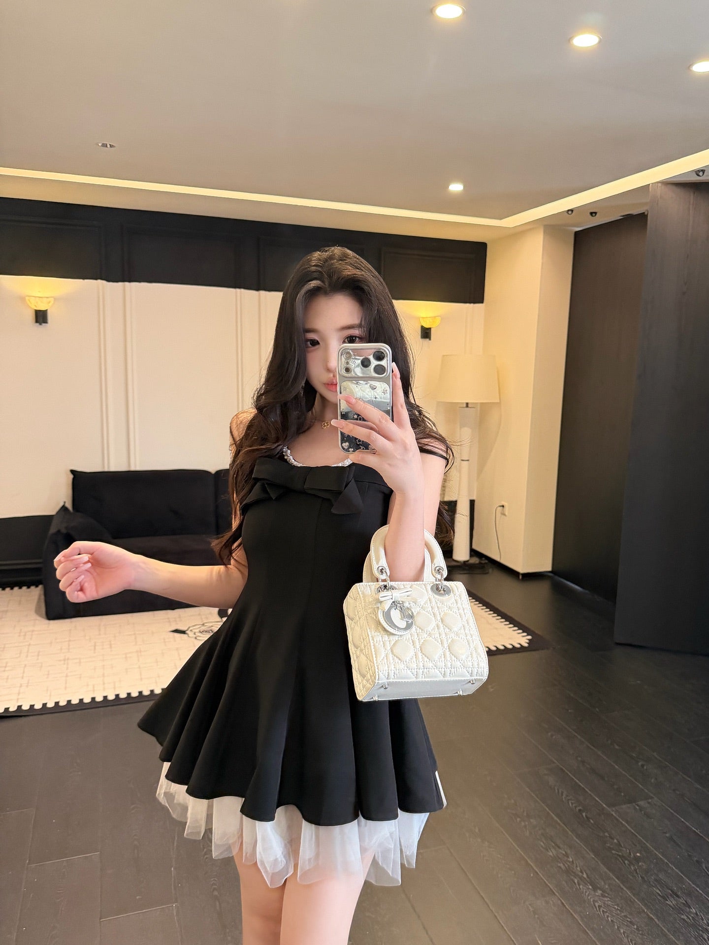 [Coquette] Pearl Beaded U-Neck Bow Mini Dress with Tulle Hem (Q1510)⁠