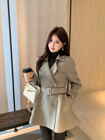 [Elegant] 10% Wool Workwear Coat with Belt