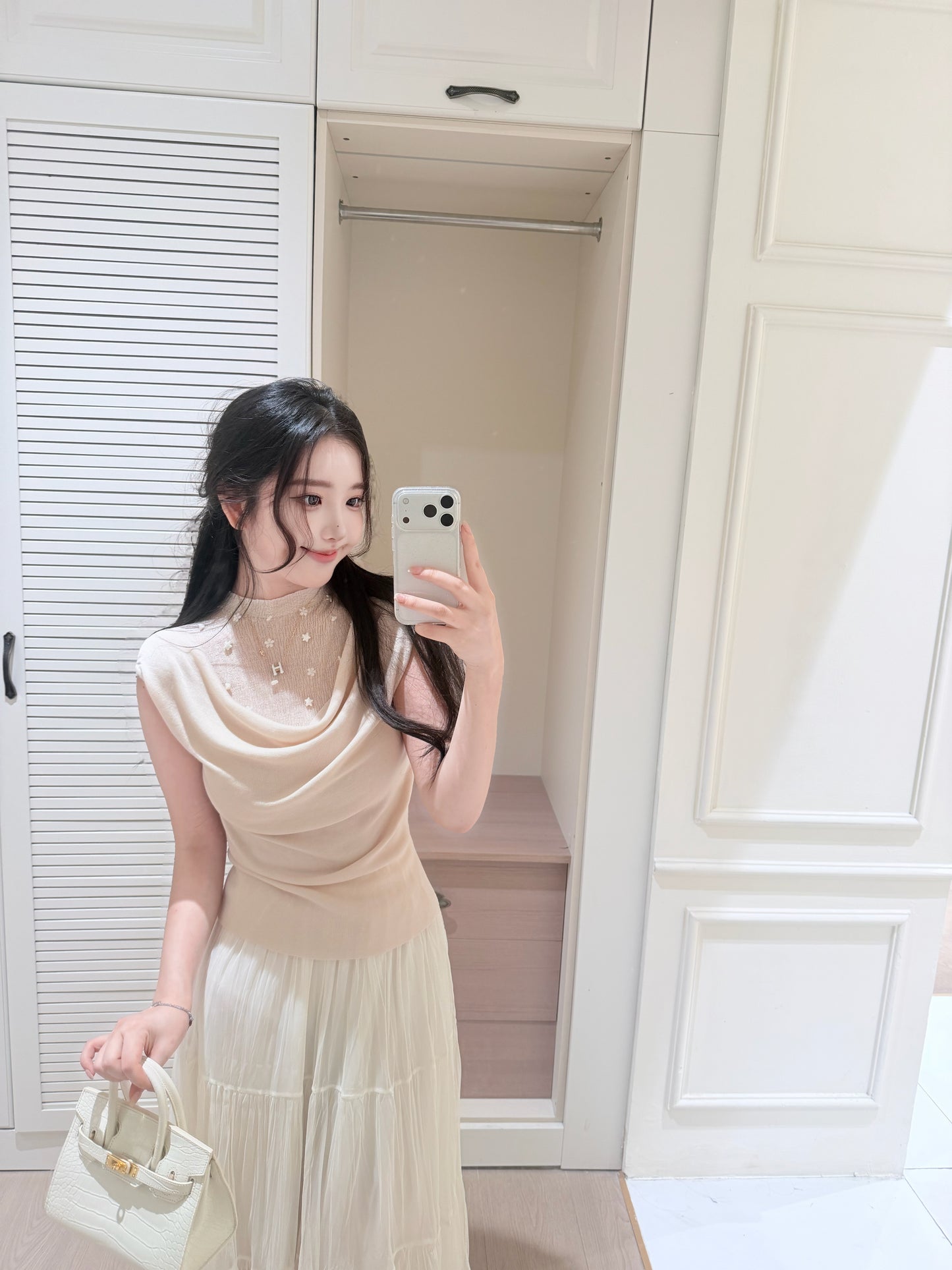 [Luxury] Handmade Pearl Cowl Neck Knit Top (QF033)