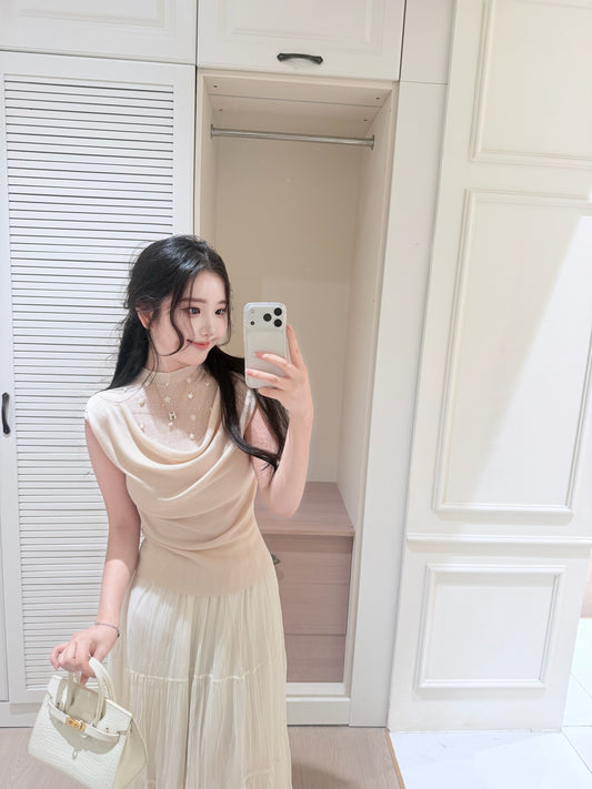 [Luxury] Handmade Pearl Cowl Neck Knit Top (QF033)