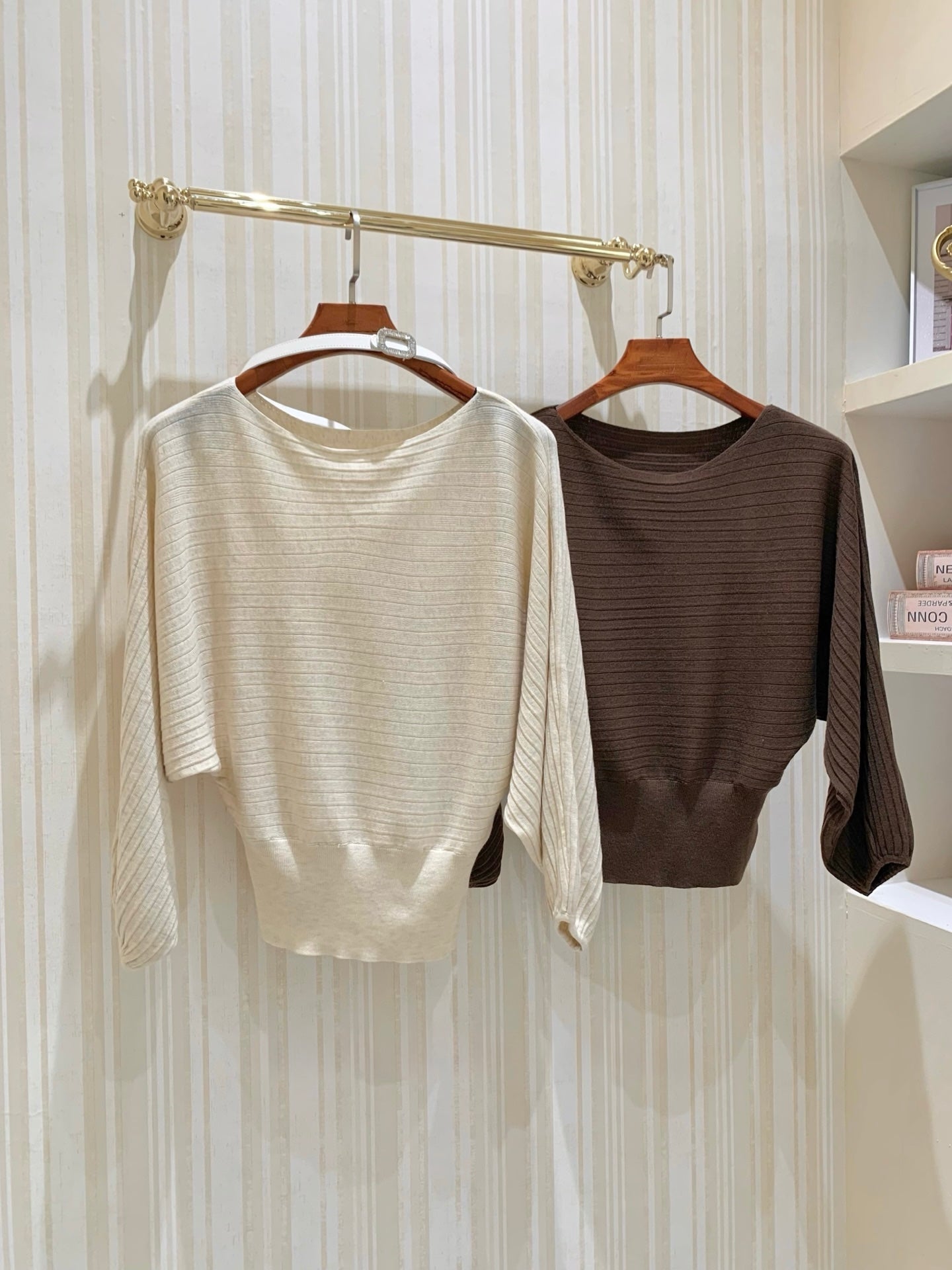 [Dating] Off-Shoulder Batwing Knit Top with Belt (QH-022)