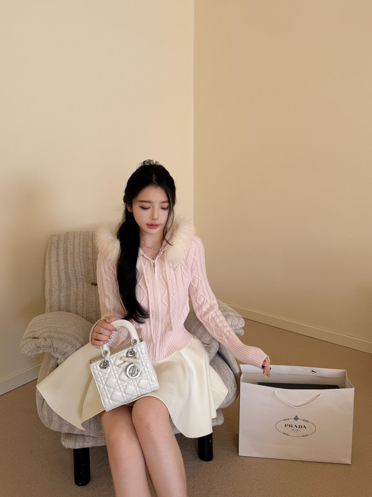 [Coquette] Fox Fur Collar Zip-Up Knit Cardigan (MY5812)