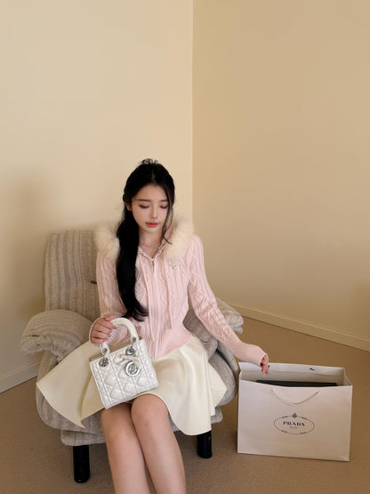 [Coquette] Fox Fur Collar Zip-Up Knit Cardigan (MY5812)
