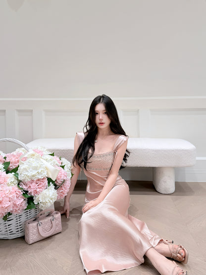 [Luxury] Beaded Satin A-Line Long Dress (QF059-1)