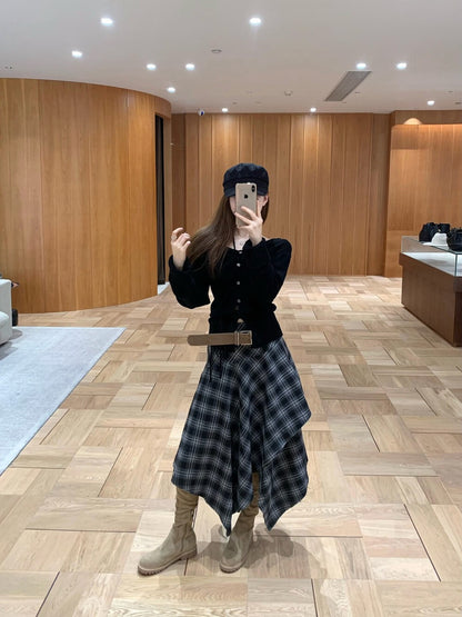[Fashion] Designer Plaid Long Skirt (with belt)