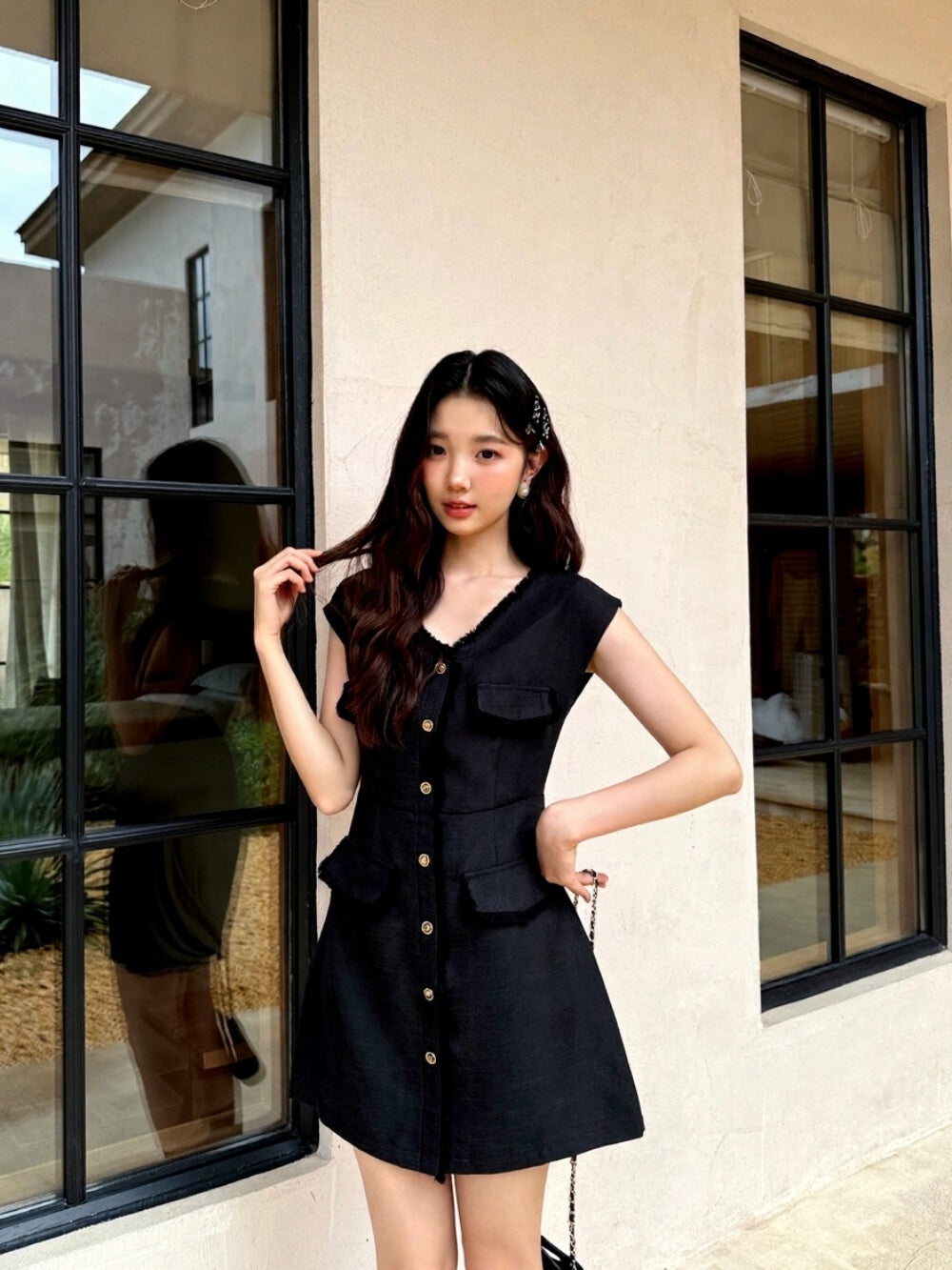 [Elegant] Workwear Tweed V-neck Dress