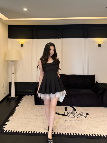 [Coquette] Pearl Beaded U-Neck Bow Mini Dress with Tulle Hem (Q1510)⁠