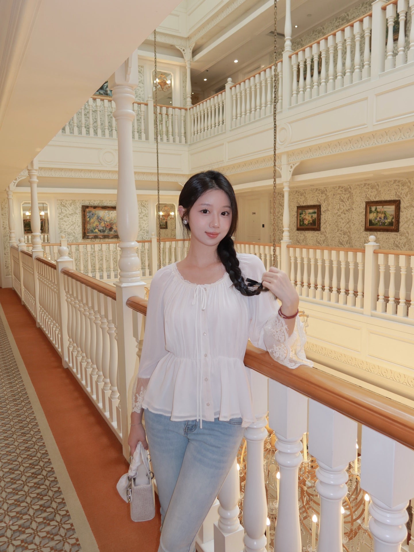 [Romantic] French Lace Trim Tie-Front Chiffon Blouse (Q1361)