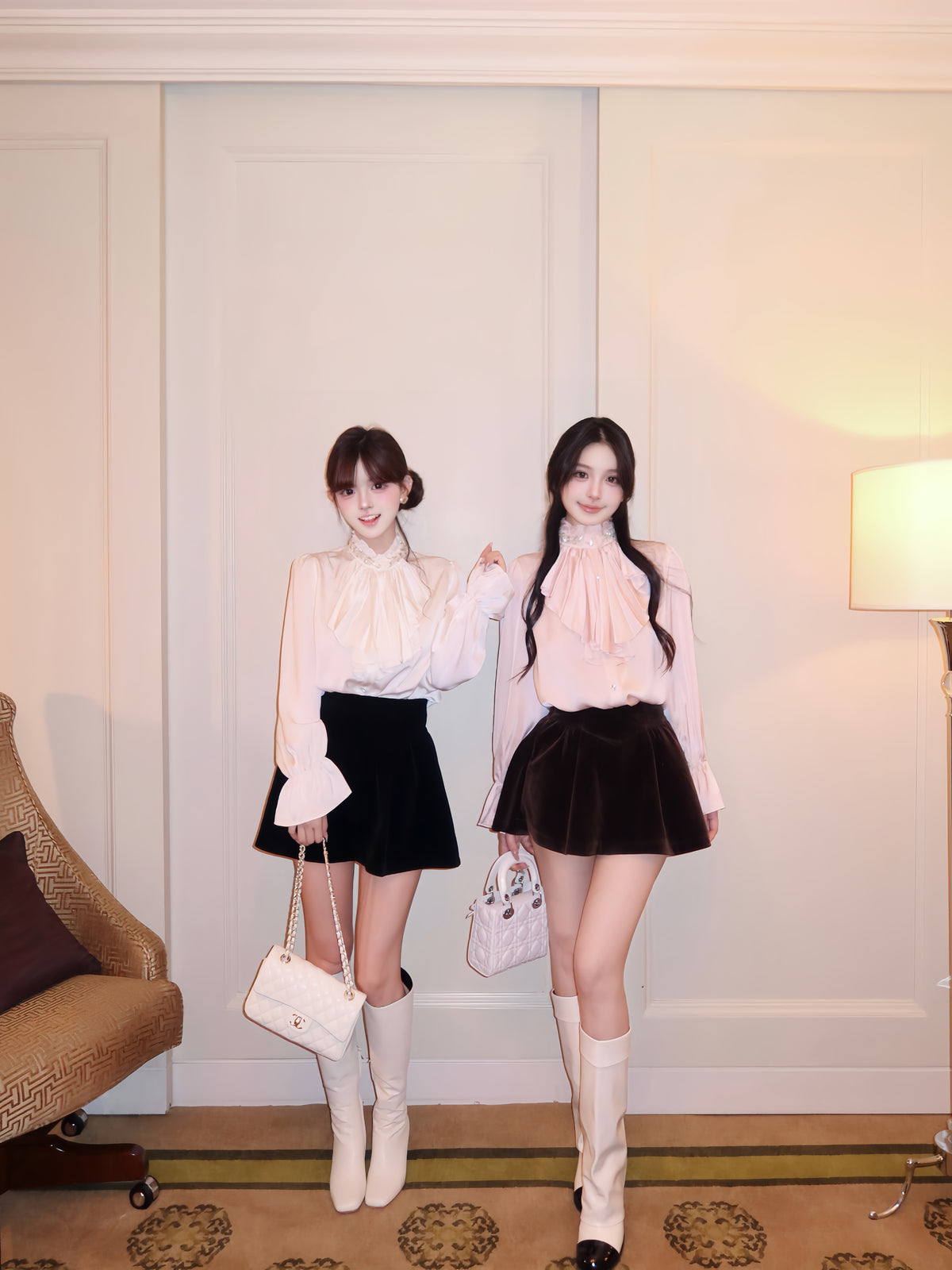 ⁠[Elegant] Stand Collar Ruffle Ribbon Satin Blouse (Q1535)⁠