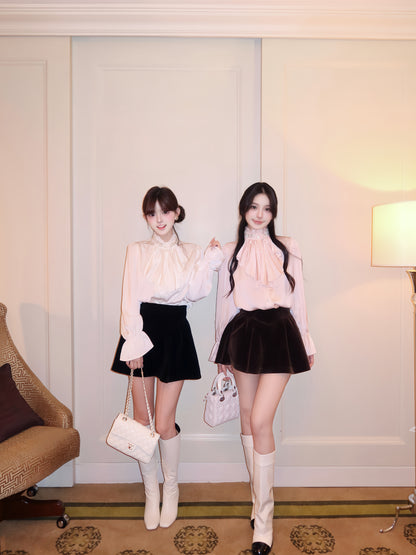 ⁠[Elegant] Stand Collar Ruffle Ribbon Satin Blouse (Q1535)⁠