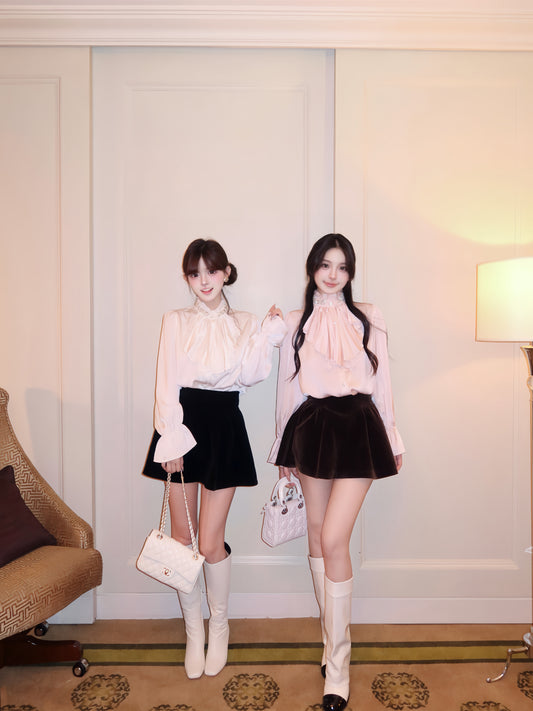 ⁠[Elegant] Stand Collar Ruffle Ribbon Satin Blouse (Q1535)⁠