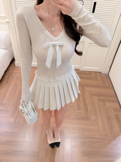 [Sweet] Wool Lace Bow V-Neck Top (MY5817)