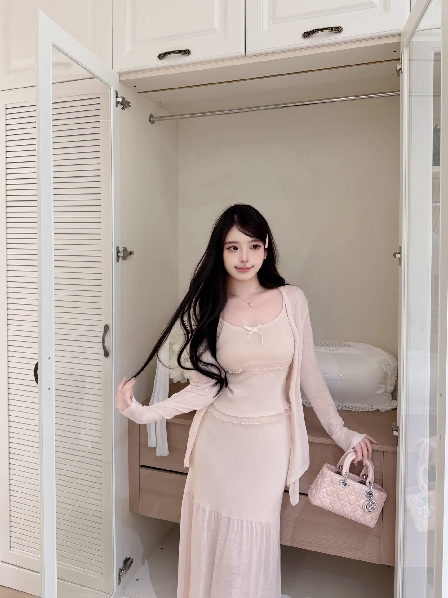 [Elegant] Ruffle Cami + Knit Cardigan + Flared Midi Skirt 3-Piece Set (QF110+QF111)