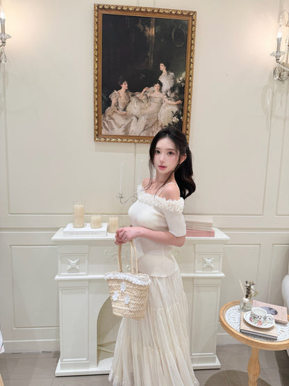 [Girly] Off-shoulder Knitted Green & Beige Top (QF008)