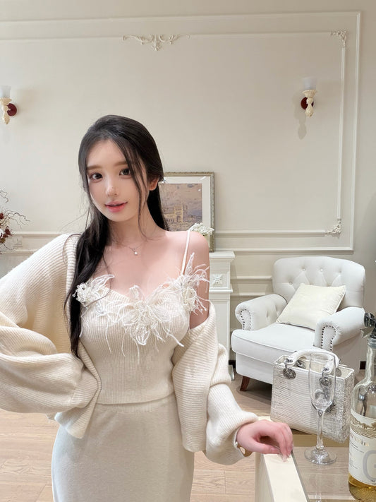 [Elegant]Japanese Style Feather Lace 3-Piece Knit Set (QH-076)