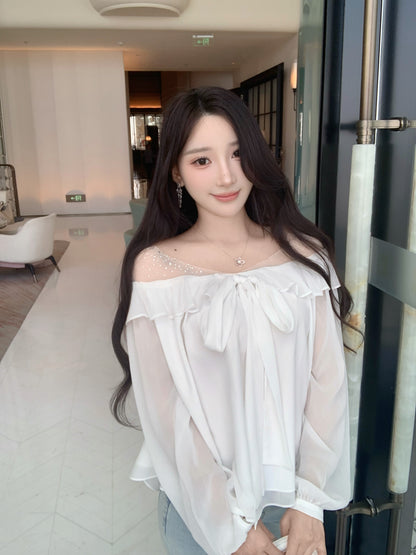 [Bling Bling] Girly Ribbon Blue & White Top (Q089)