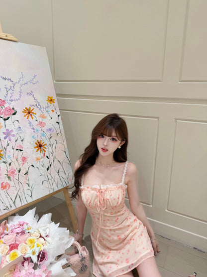 [Artistic] Watercolor Floral Lace Strap Mini Dress (QF083)