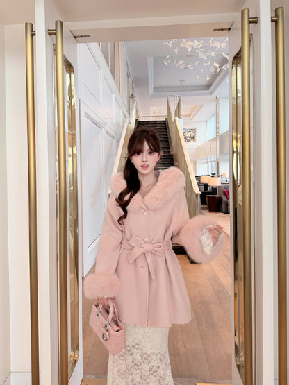 ⁠[Luxe] Fox Fur Collar Belted 100% Australian Wool Coat (YRDY002)⁠