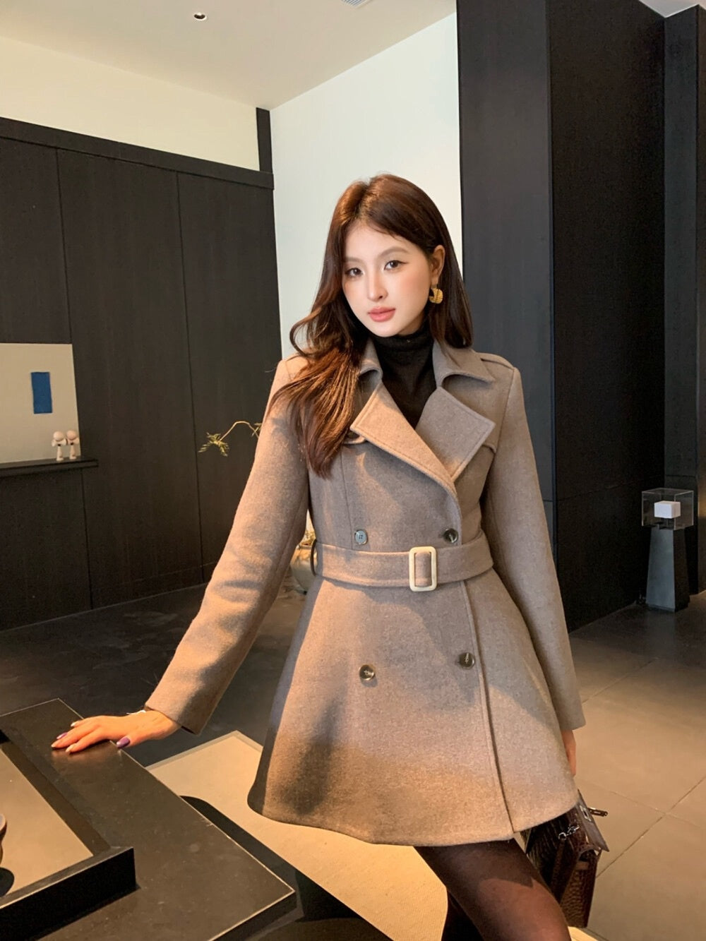 [Elegant] 10% Wool Workwear Coat with Belt
