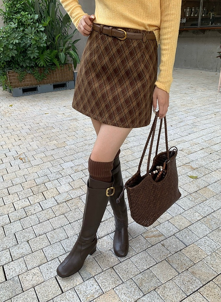 [Retro] High-Waisted Plaid A-Line Skirt