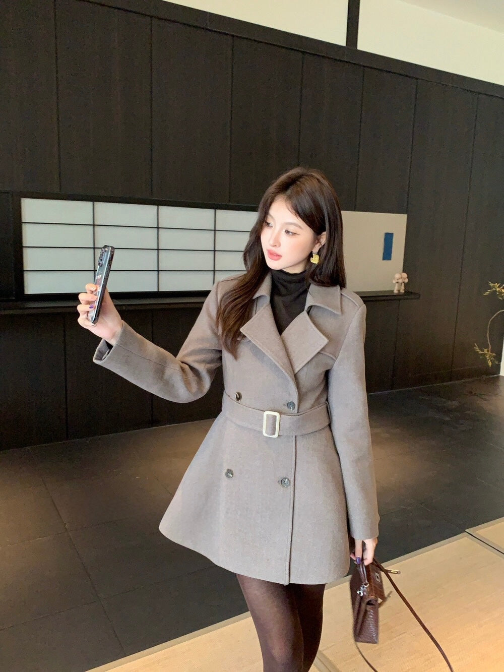 [Elegant] 10% Wool Workwear Coat with Belt