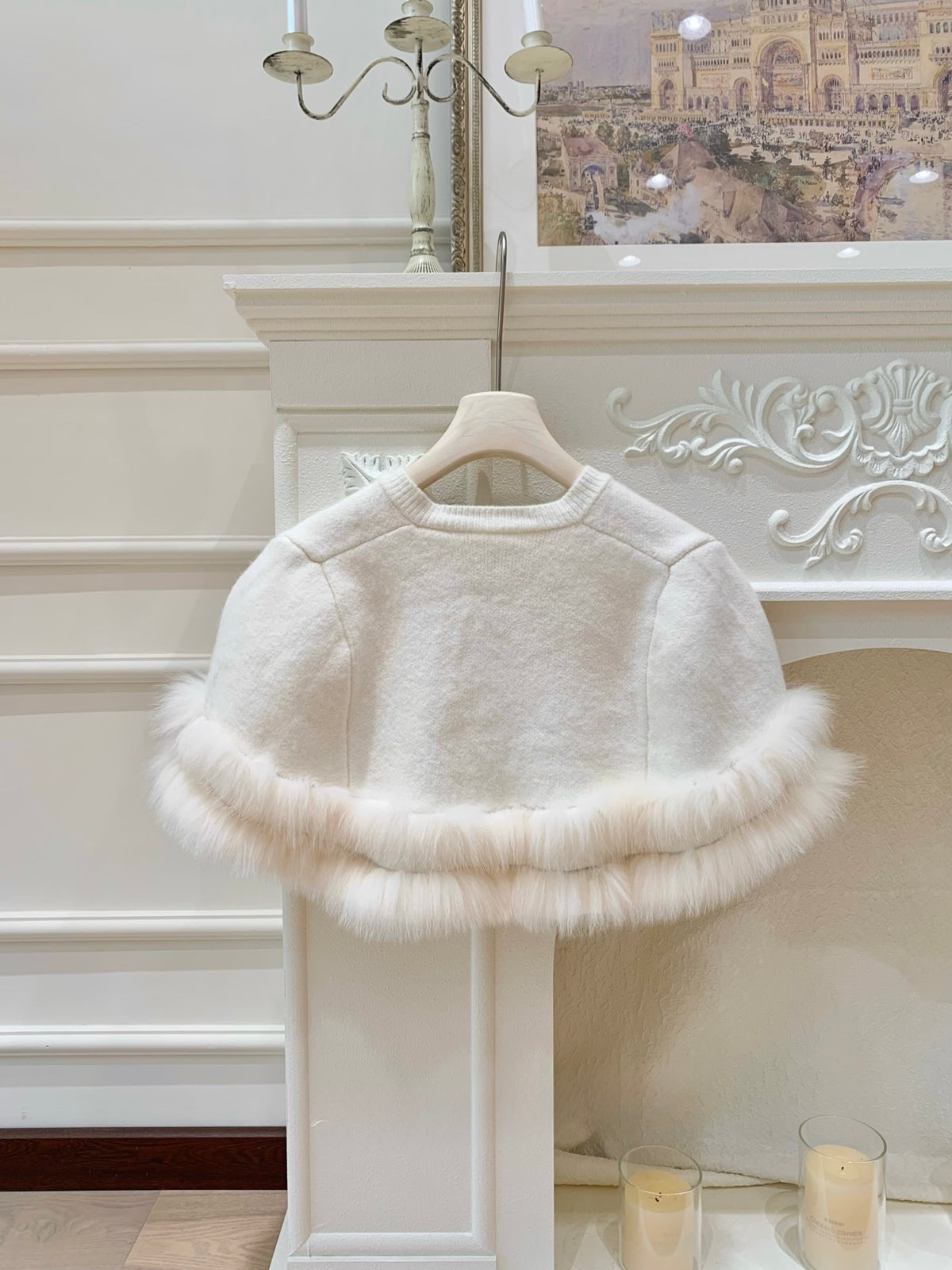 [Elegant] Fox Fur Trim Velvet Bow Cape (QH-081)
