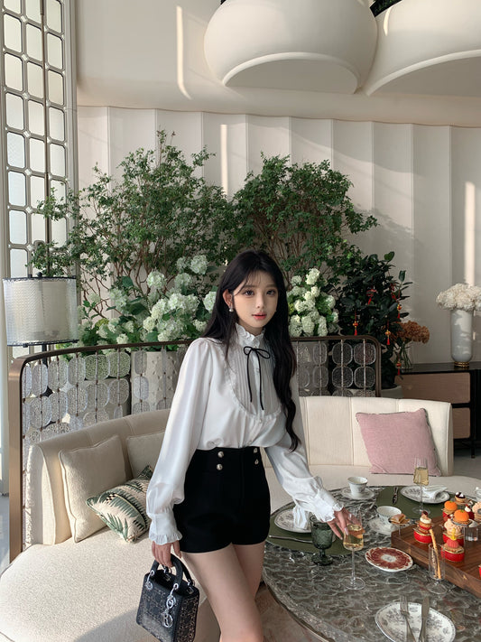 [Slimfit Casual] White & Black High-Waist Shorts (Q1005)