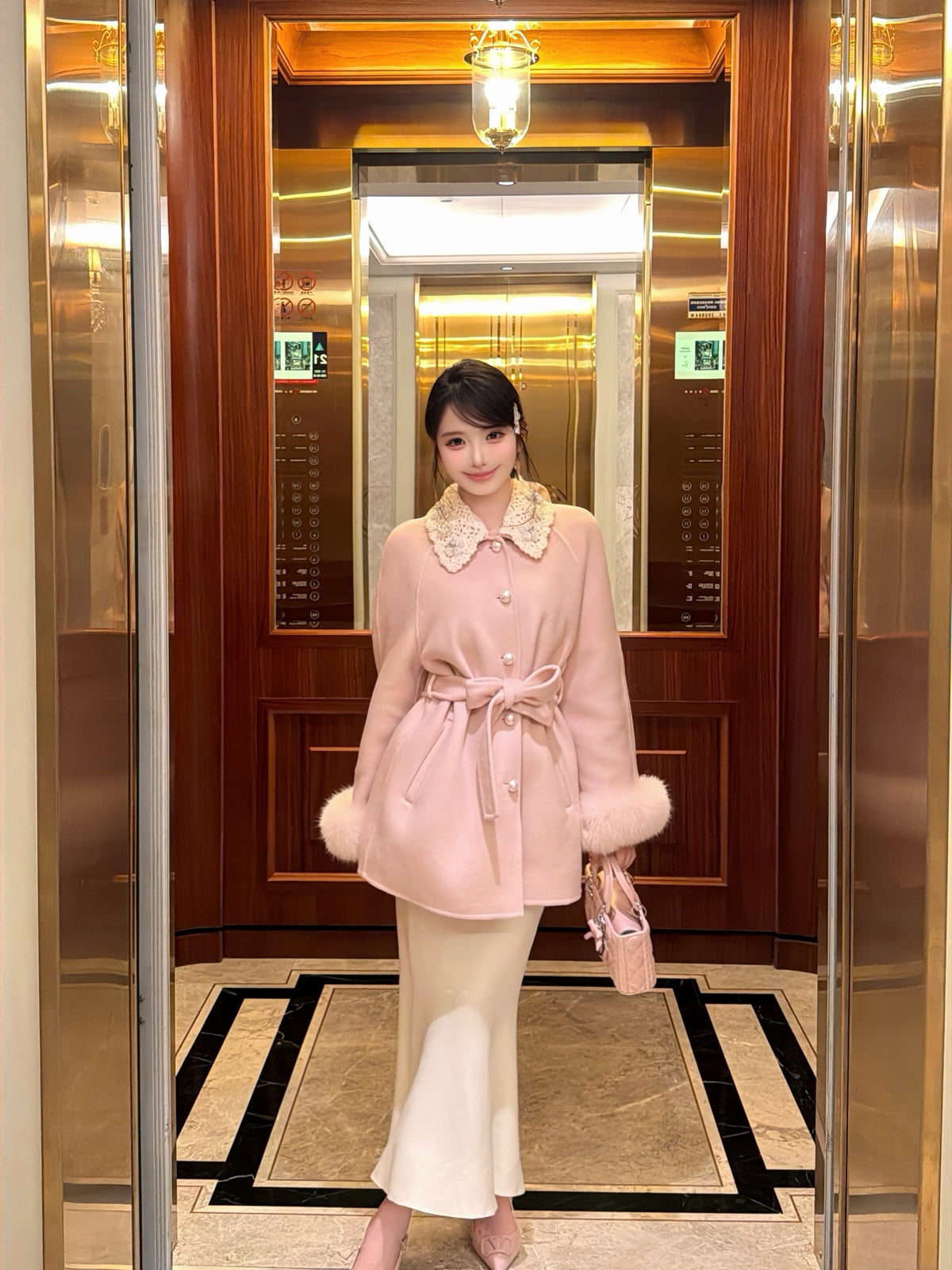 ⁠[Girly] Beaded Crochet Collar Fur Trim Belted 100% Australian Wool Coat (YRDY-015)