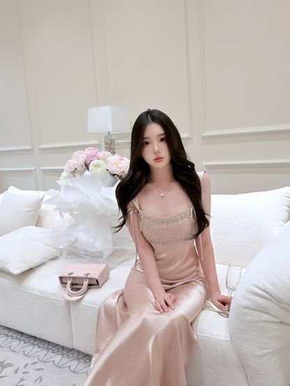 [Luxury] Beaded Satin A-Line Long Dress (QF059-1)