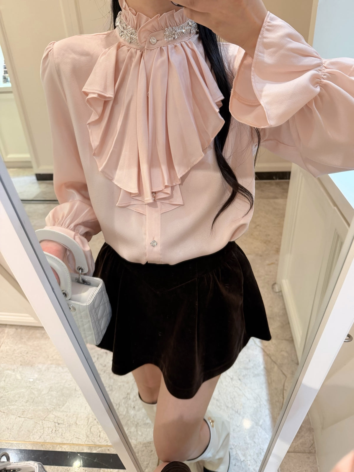 ⁠[Elegant] Stand Collar Ruffle Ribbon Satin Blouse (Q1535)⁠