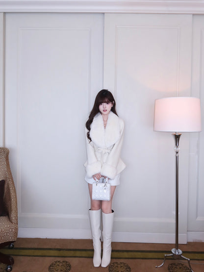 ⁠[Stylish] Fox Fur Collar Belted Double-Faced Wool Short Coat (YRDY-022)⁠