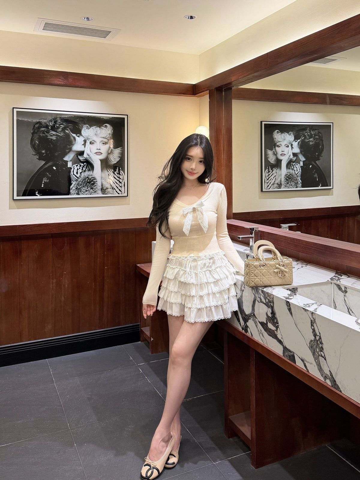 [Sweet] Wool Lace Bow V-Neck Top (MY5817)