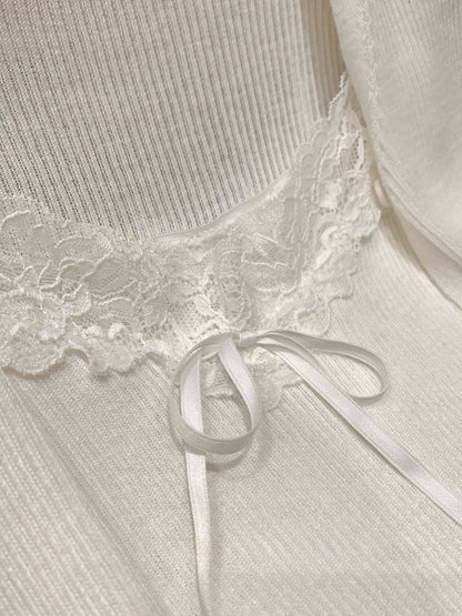 [Romantic] Lace Trim Cami and Knit Cardigan Set (QH-020)