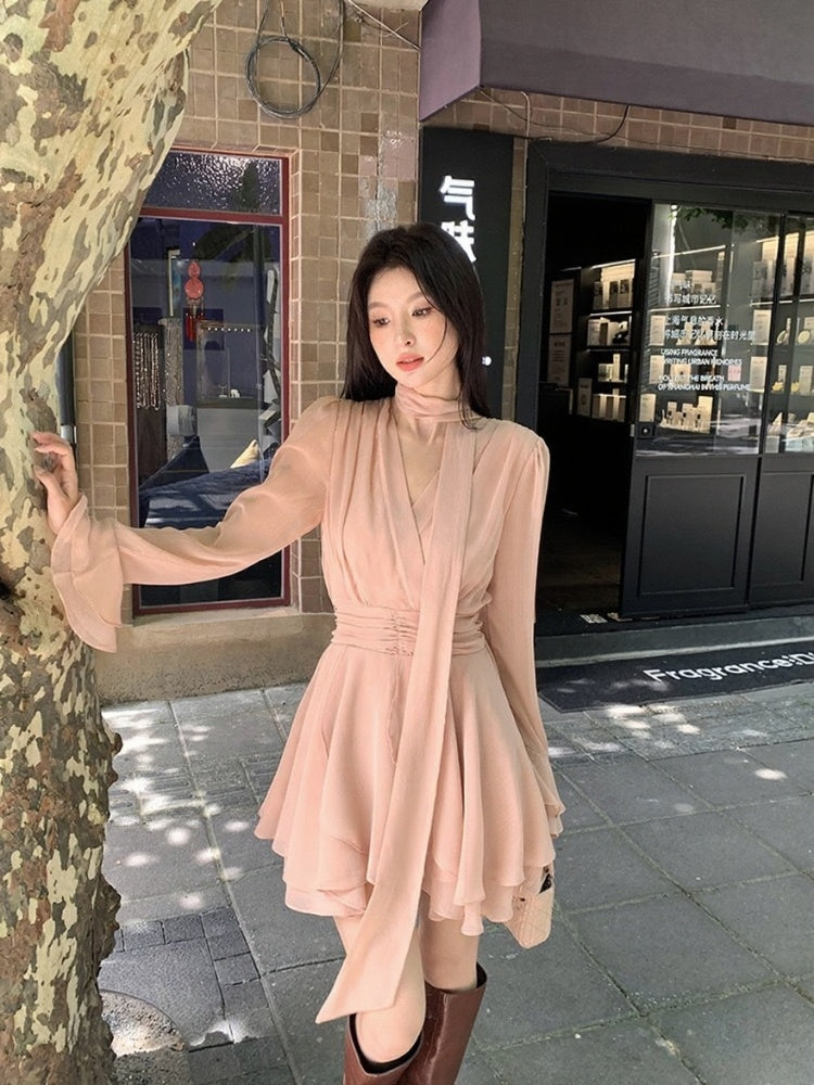 [Girly] White label V-neck Long-sleeve Elegant Dress