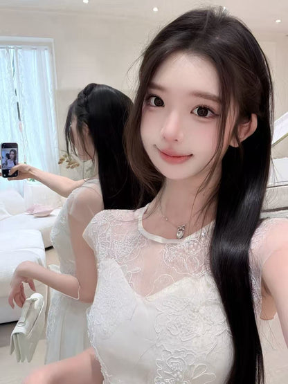 [Girlgod] Beaded Lace Mesh Overlay A-Line Dress (QF099)