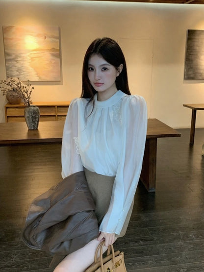 [Workwear] Elegant Chiffon Long-Sleeve Shirt