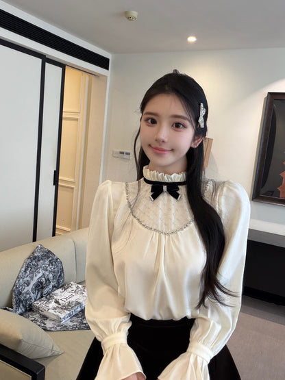 [Coquette] Pleated Chiffon Bow Blouse (Q1516)