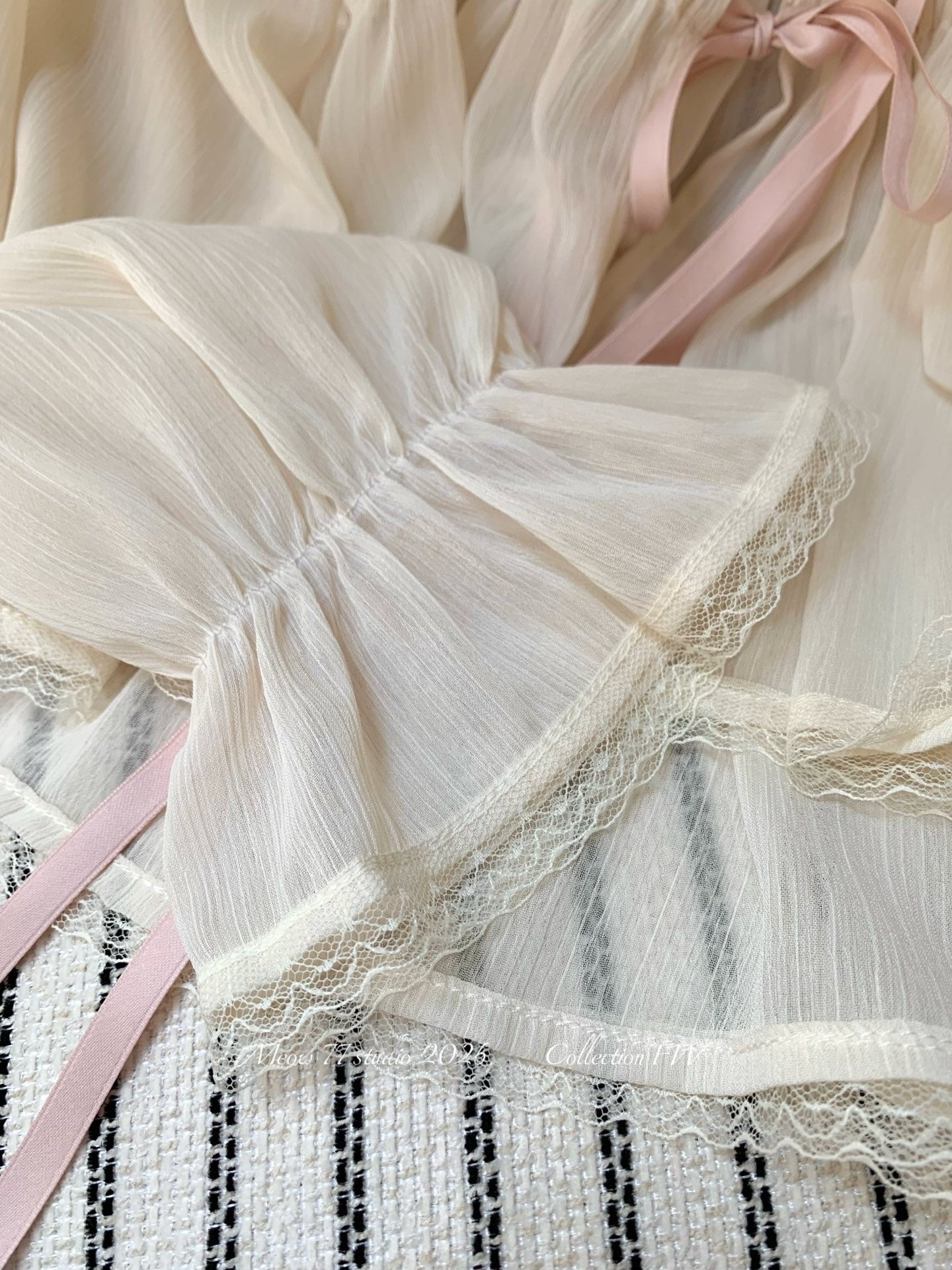 ⁠[Girly] French Romantic Ruffle Ribbon Chiffon Blouse (QH-031)⁠