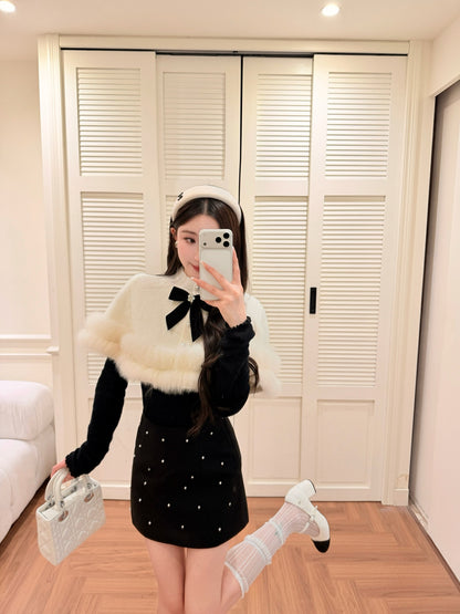 [Elegant] Fox Fur Trim Velvet Bow Cape (QH-081)