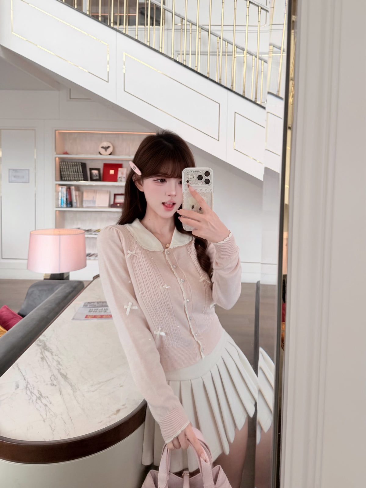 ⁠[Coquette] Doll Collar Ribbon Beaded Knit Cardigan (MY5813)⁠