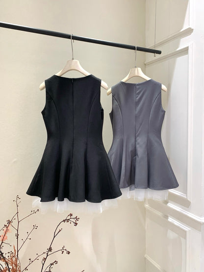 [Coquette] Pearl Beaded U-Neck Bow Mini Dress with Tulle Hem (Q1510)⁠