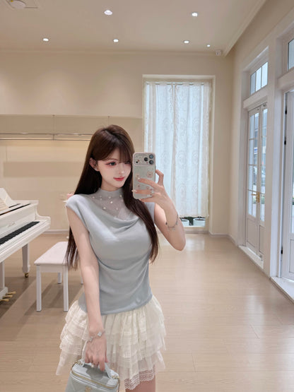[Luxury] Handmade Pearl Cowl Neck Knit Top (QF033)