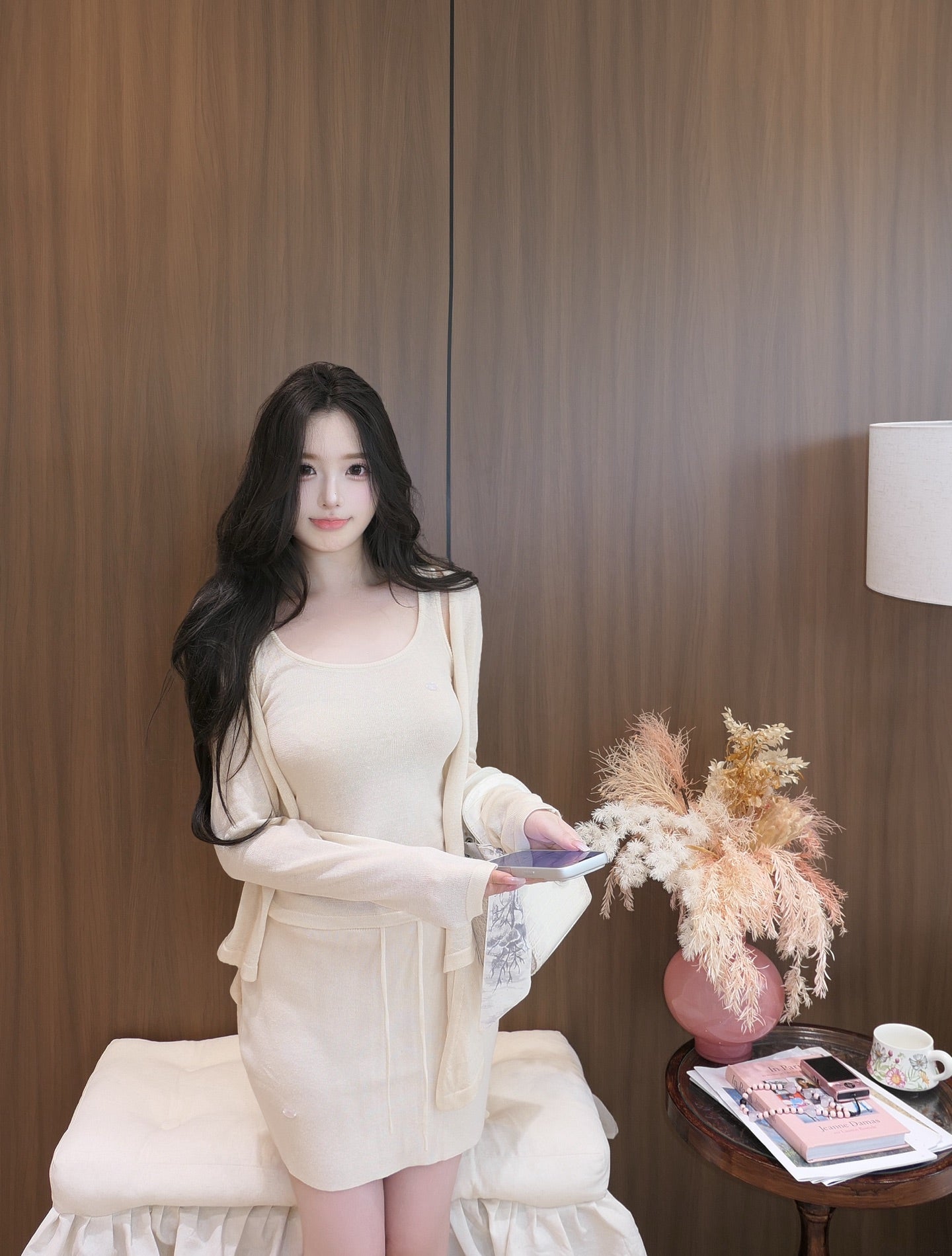 [Sweet] Soft Knit Cardigan Tank Top and Skirt Three-Piece Set (QH-015)