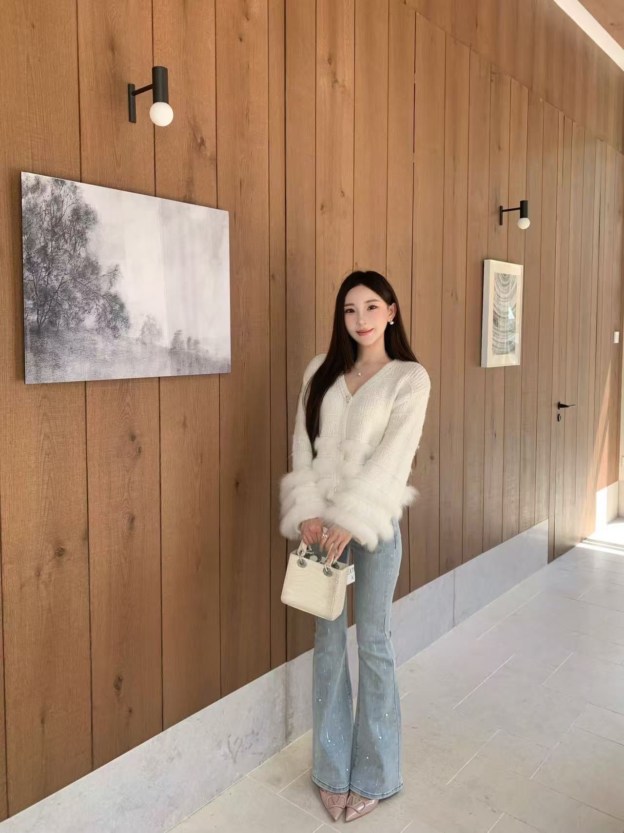 [Fluffy] Fox fur + Wool Cardigan
