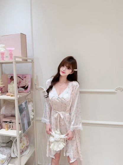 [Pajamas] Padded Cami Slip Dress + Robe Sleepwear Set (SY073)