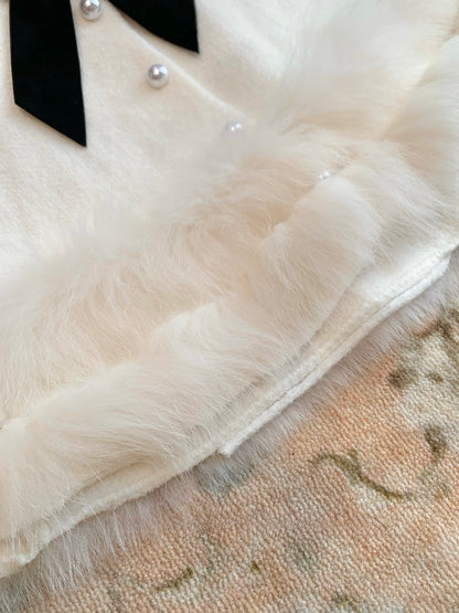 [Elegant] Fox Fur Trim Velvet Bow Cape (QH-081)
