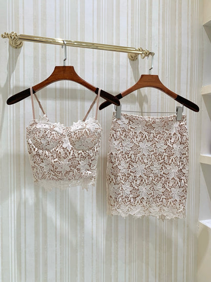 ⁠[Girly] Coquette Floral Lace Camisole and High-Waist Skirt Two-Piece Set (QH-019)⁠