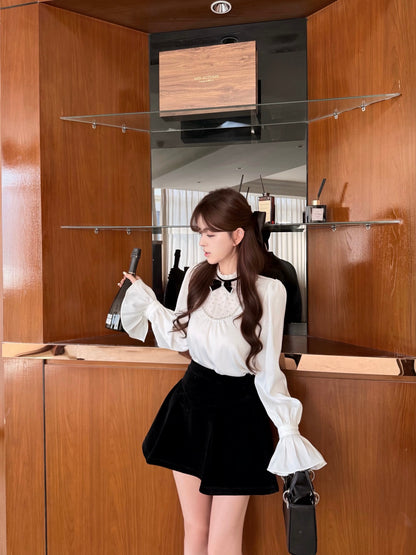 [Coquette] Pleated Chiffon Bow Blouse (Q1516)