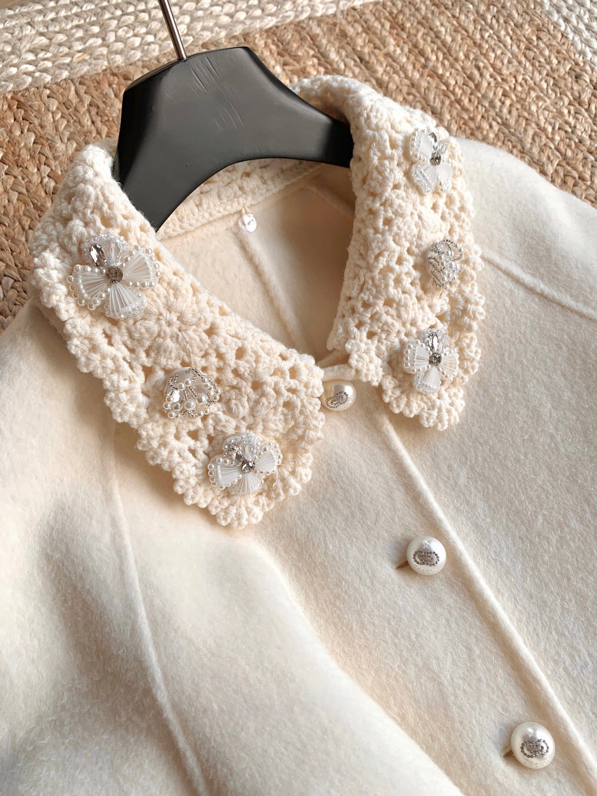 ⁠[Girly] Beaded Crochet Collar Fur Trim Belted 100% Australian Wool Coat (YRDY-015)